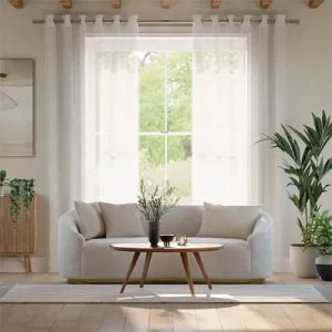 White Textured Sheer Eyelet Curtains with Tassel Trim